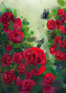 仿油画抽象水彩红玫瑰