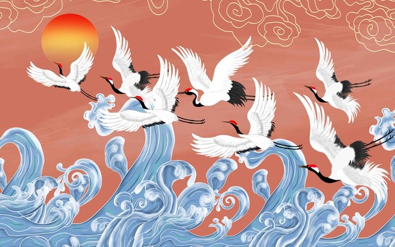 海浪仙鶴云紋中式背景墻