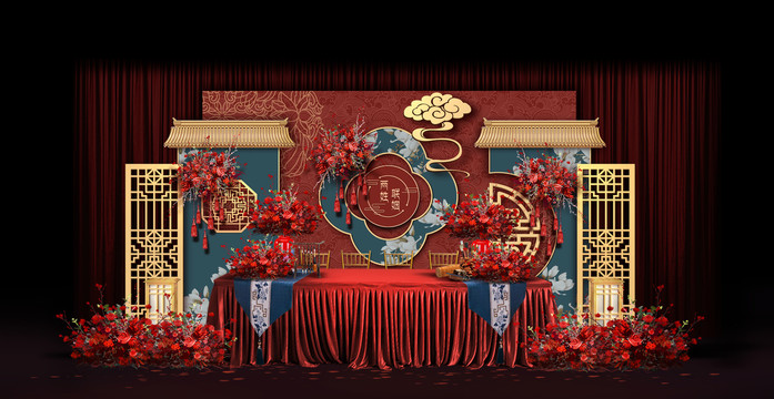 红蓝新中式签到台婚礼手绘效果图