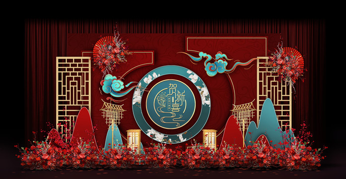 紅藍(lán)新中式婚禮手繪效果圖