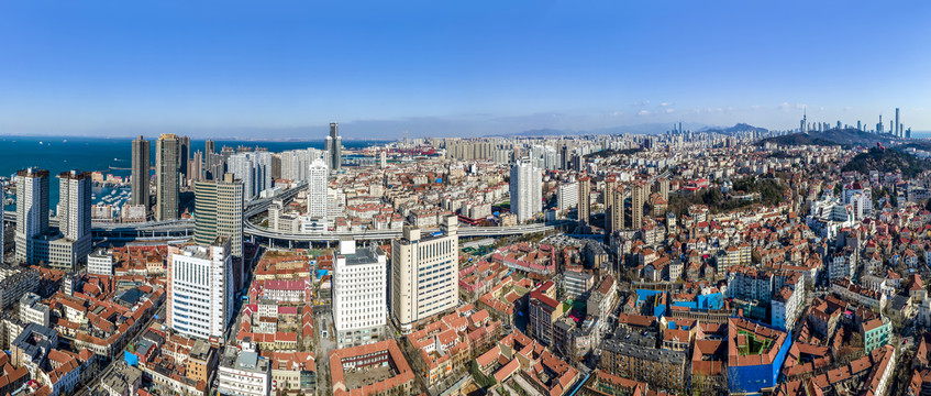 航拍青岛城市海岸线建筑景观全景