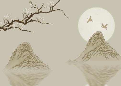 中式山水花鸟背景