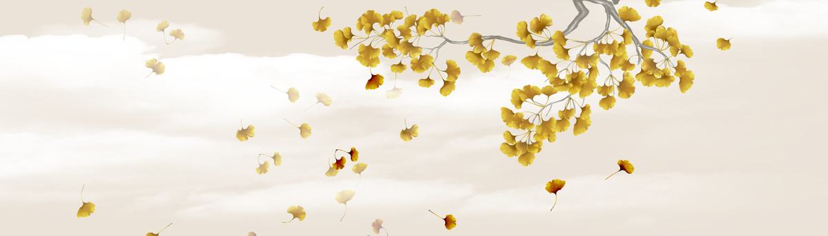 中式手绘工笔银杏花鸟床头背景画