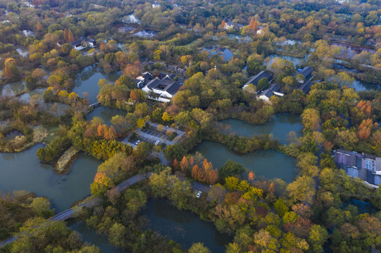 航拍杭州西溪湿地公园秋景