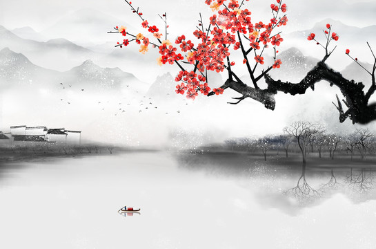 新中式梅花山水圖
