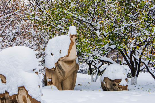 大象雕塑与树木树枝雪挂雪地
