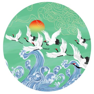 仙鶴海浪祥云插畫