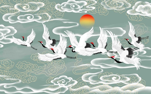 仙鶴祥云云紋背景墻
