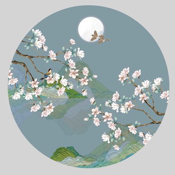 玉蘭花圓形山水