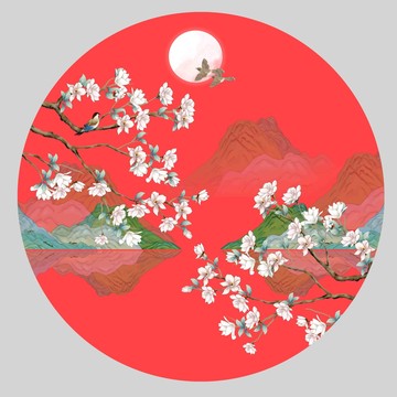 紅色花鳥山水畫