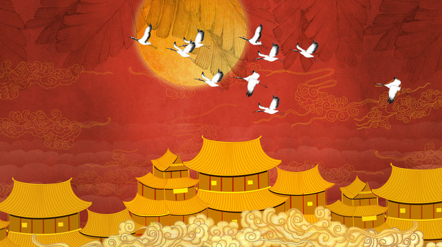 云紋瑞鶴圖中式壁畫