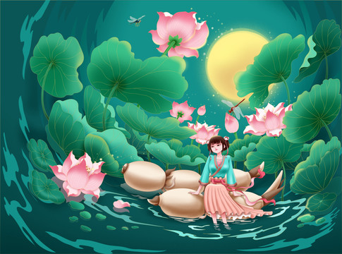 古代荷塘藕粉美女插畫