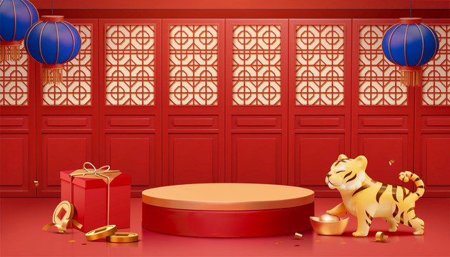 三維中國紅春節(jié)屏風(fēng)產(chǎn)品展臺