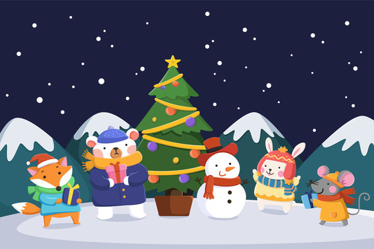 动物团聚一起装饰圣诞树插画