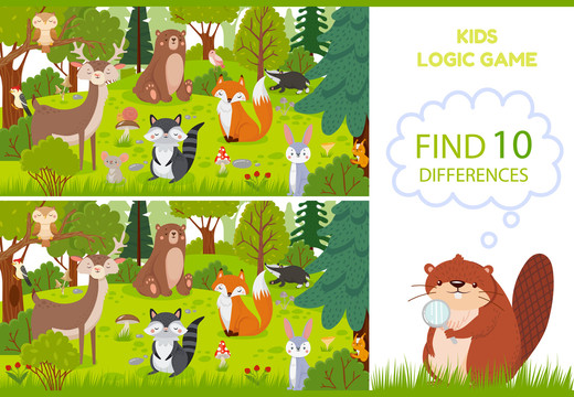 森林动物卡通找不同创意设计插图