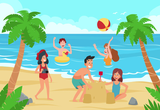 夏日海邊沙灘玩耍插圖