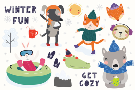森林动物欢乐冬天插图设计集合