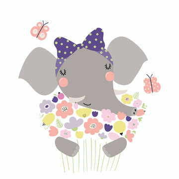 大象少女拥抱花束插图