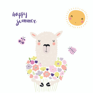羊驼拥抱夏季花束插图