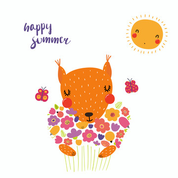 狐貍擁抱鮮花插圖