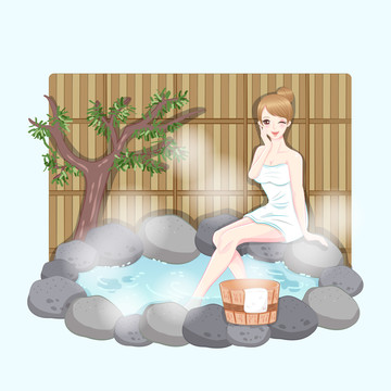 少女享受露天溫泉插圖