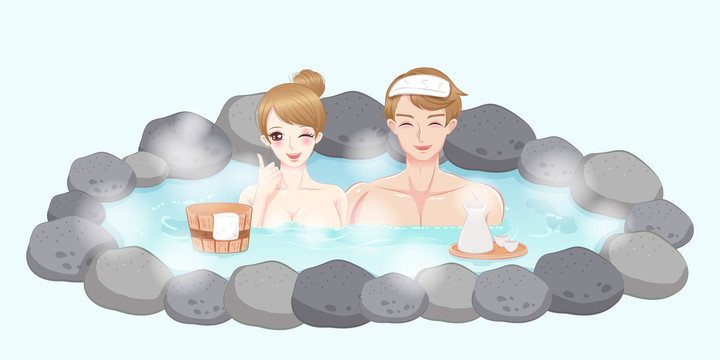 情侶喝清酒泡溫泉插圖
