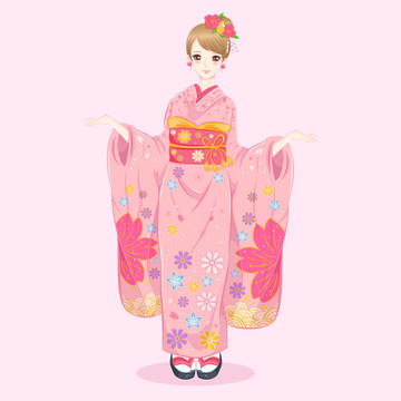 少女展示繽紛和服插圖