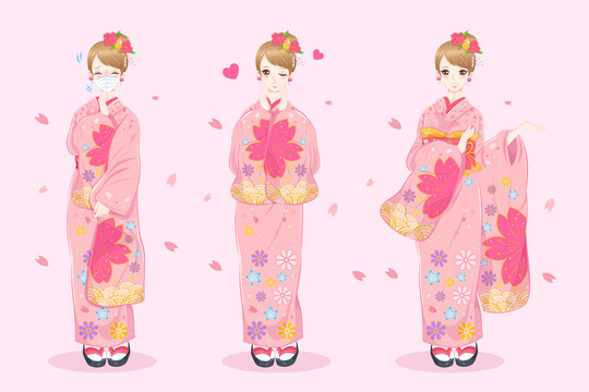 粉嫩日系少女 著和服戴口罩插圖