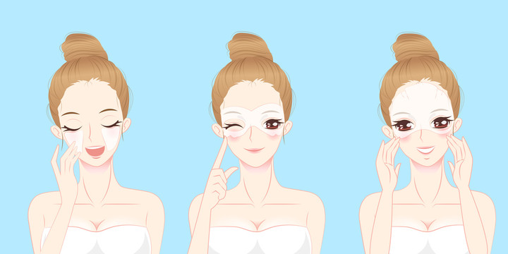 少女使用臉部各式面膜插圖