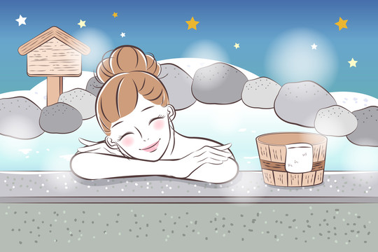 微笑少女享受夜間溫泉插圖