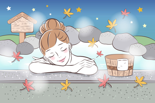 少女夜間享受溫泉 楓葉飄落插圖