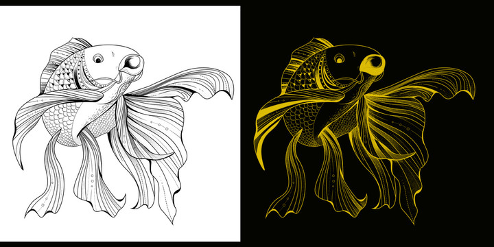 轉(zhuǎn)運(yùn)錦鯉金魚黑白線稿裝飾插畫