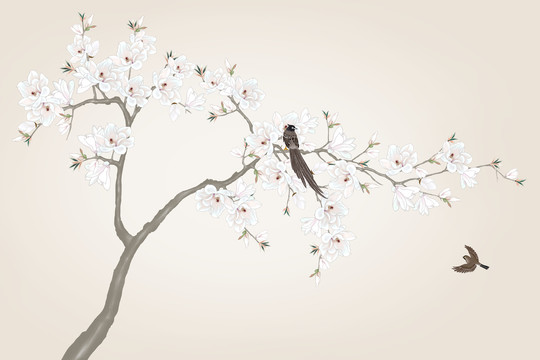 現(xiàn)代中式手繪玉蘭花背景裝飾畫(huà)