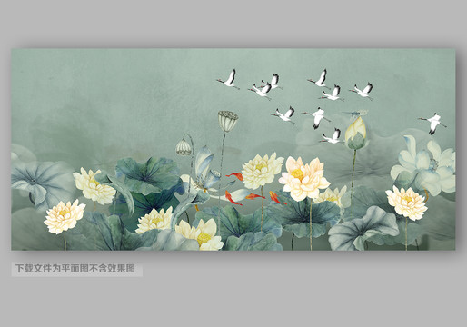 中式荷花壁畫