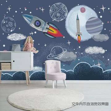 北欧太空宇宙儿童房背景墙壁画