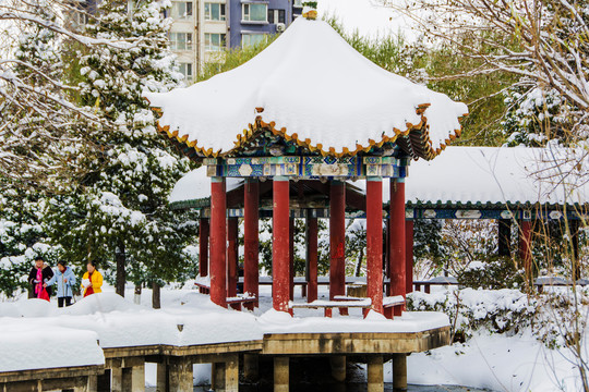 六角六柱凉亭长廊石桥松树雪景