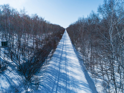 航拍森林积雪公路