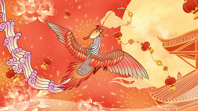原創(chuàng)瑞獸鳳凰古建筑國潮插畫