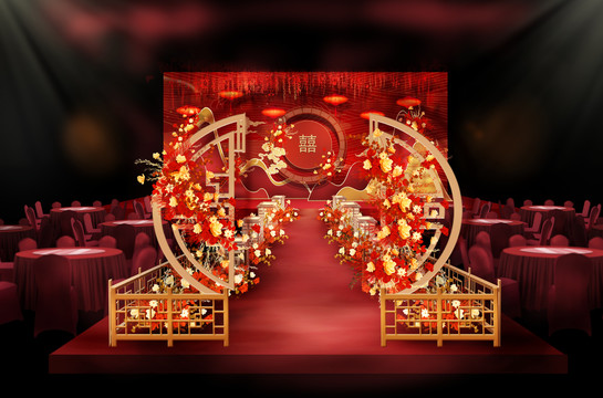 新中式红金舞台婚礼效果图