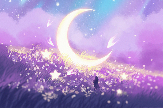 唯美星空下月亮在花叢中