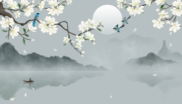玉蘭花鳥山水畫