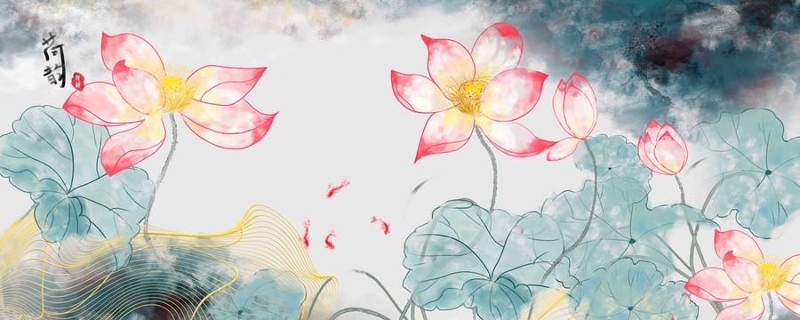 水墨荷花蓮花荷葉壁畫(huà)掛畫(huà)