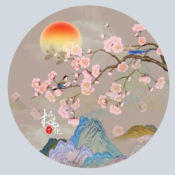 圆形国潮梅花山水插画