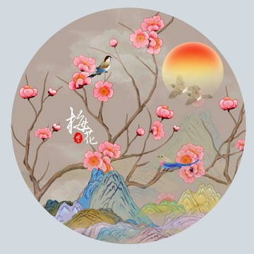 國潮圓形梅花插畫