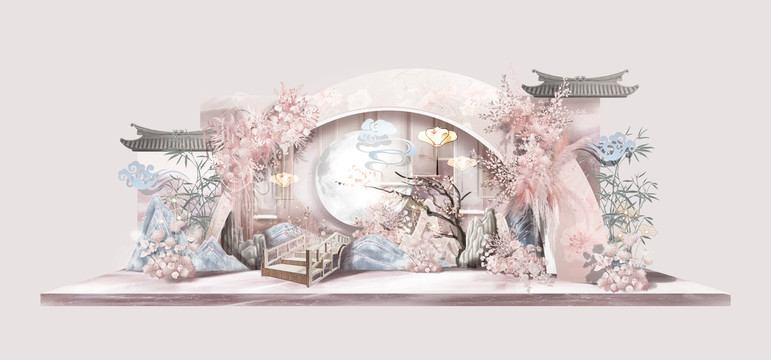粉色新中式婚礼舞台效果图
