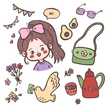 可愛手繪女孩下午茶小物品
