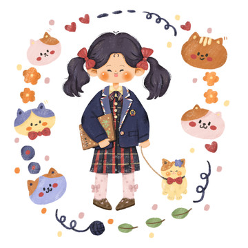 可愛手繪校服女孩貓咪小物品插畫