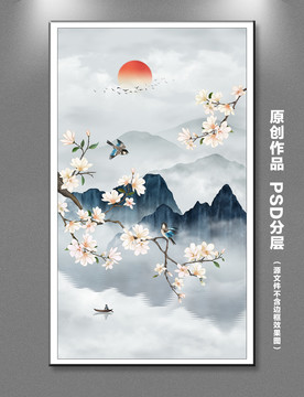 玉蘭花鳥山水裝飾畫