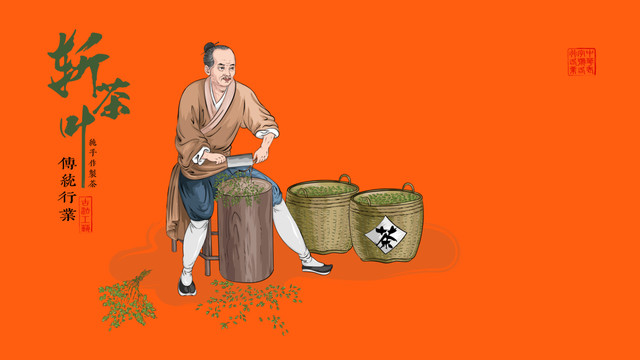 传统茶叶制作流程彩色插画