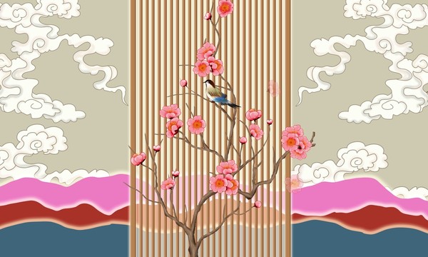 梅花花鳥格柵裝飾電視背景墻